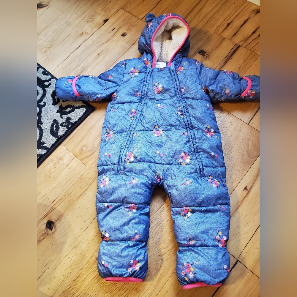 12-18m GAP Floral Blue Baby Snowsuit with Pink Accents